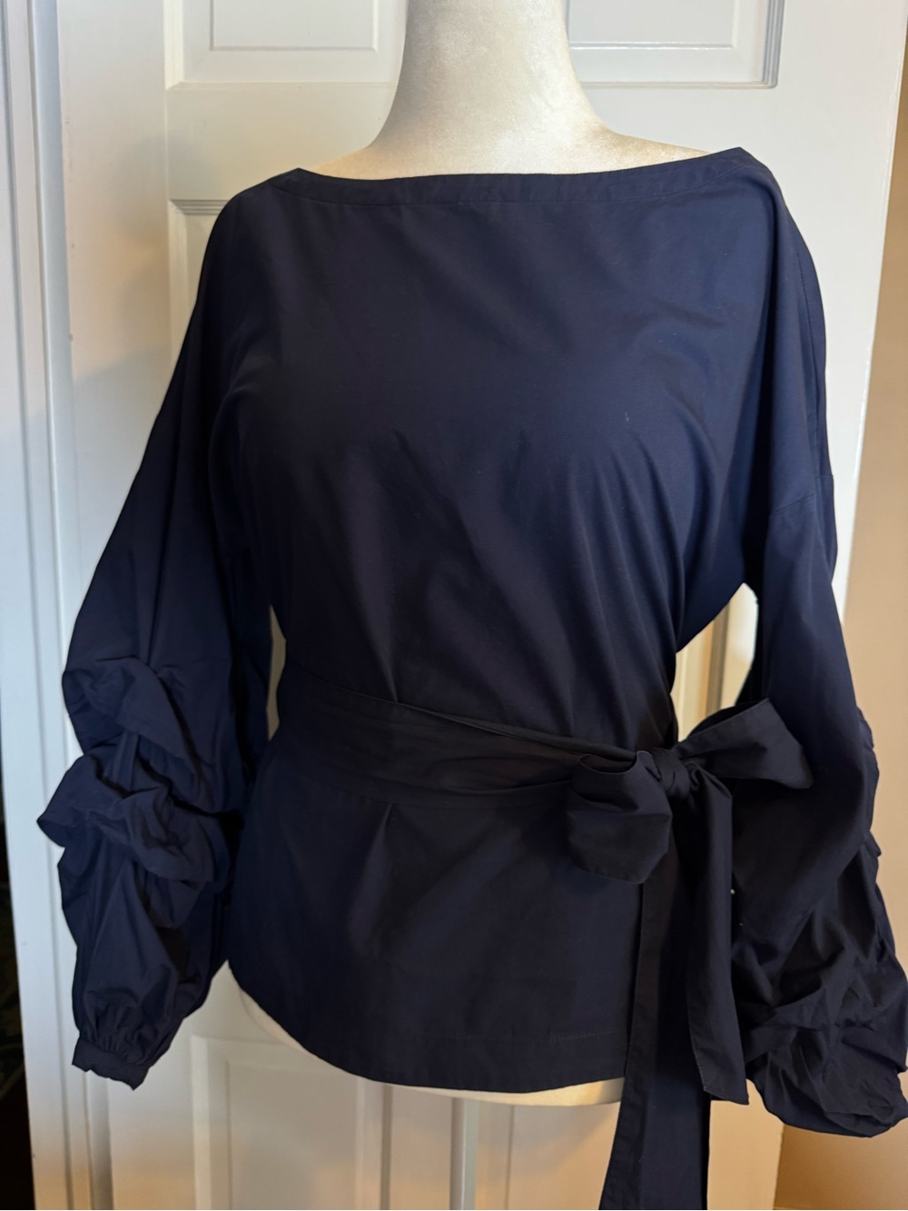 Max Jeans Navy Balloon-Sleeve Tie-Waist Top Navy Large